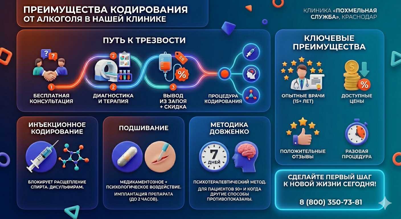Инфографика о методах кодирования от алкоголя в Гальбштадте: инъекции, подшивание, метод Довженко. Преимущества клиники и этапы лечения.