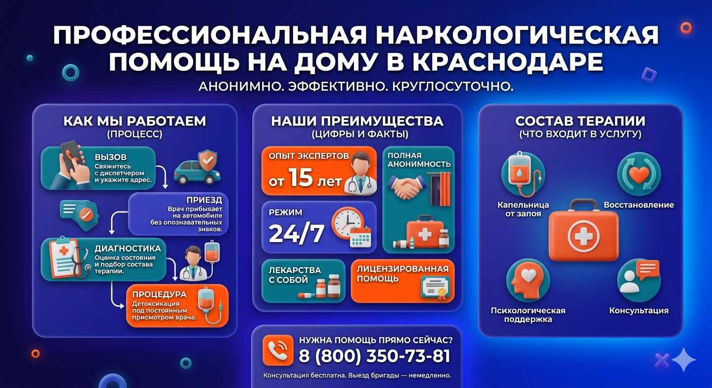Инфографика о принципах лечения алкоголизма на дому в Гальбштадте: этапы вызова нарколога, преимущества анонимной детоксикации и состав медицинской помощи.